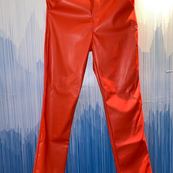 Orange Faux Leather Straight Leg Pants - Picture 3 of 5